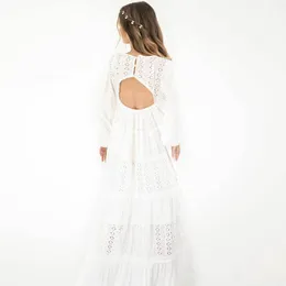 White Eyelet Sundress: Womens Long Sleeve V Neck Tiered Maxi Dress
