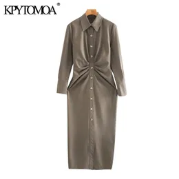 Kobiety elegancka moda z plisowanymi mankietów draped Midi shirt suknia vintage z długim rękawem na guziki sukienki mujer 210416