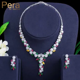 Pera Färgglada Round Cubic Zircon Nigerian Long Flower Leaf Shape Kvinnor Halsband Smycken Satser för Förlovning Bankett Party J310 H1022