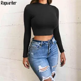 Casual 4 färger O-Neck Långärmad Basic T-shirt Kvinnor Höst Vinter Håll Varm Skinny Tee Crop Tops Femme 210510