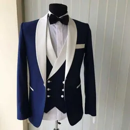 Kungliga Blå Bröllop Tuxedo För Groomsmen Med Vit Sjal Lapel 3 Piece Man Passar Set Jacka Dubbel Breasted Vest med byxor 2020 x0909