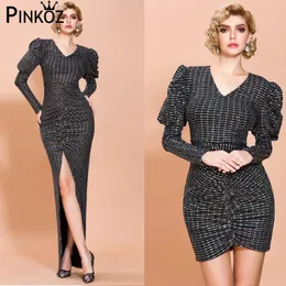 Vintage High End Bulsh Sleeve Bodycon Mini Dress Kobiety Party Obiad V-Neck Kryształ Frezowanie Sexy Sukienki Chic Robe Fille 210421