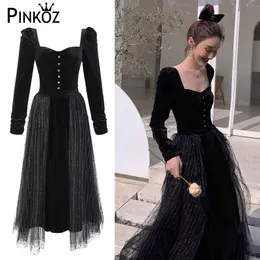 Vintage Quadrado Colares Primavera Outono A-Linha Veludo Patchwork Mesh Dot Midi Vestido Preto Gothic Party Night Robe Femme 210421