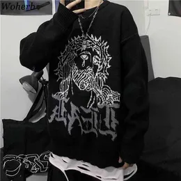 Woherb Harajuku Sweter Kobiety Man Punk Streetwear Jacquard Drukuj Dzianiny Pullover Koreański Moda Pull Jumper Unisex 210805