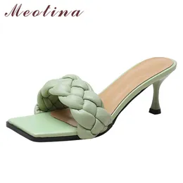 Meotina Women Shoes Cross Strap High Heel Sandals Square Toe Slippers Thin Heel Ladies Footwear Summer Apricot Green Fashion 40 210608