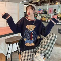 작은 곰 니트 스웨터 여성 겨울 스타일 한국어로 느슨한 풀 오버 스웨터 따뜻한 귀여운 두꺼운 210805