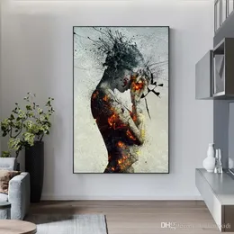 Streszczenie eksplozji Fire Girl Płótno Malarstwo Nordic Poster Print Wall Art Pictures for Salon Home Decor (Ramka drewna)