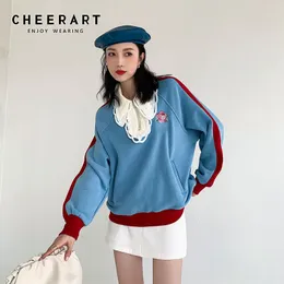 Geborduurd oversized sweatshirt met gehaakte blauwe kraag en capuchon voor tienermeisjes losse patchwork-trui dames 210427