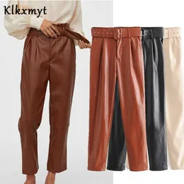 Klkxmyt high street vintage pu läder sashes midja raka byxor kvinnor pantaloner mujer pantalon femme byxor 210527