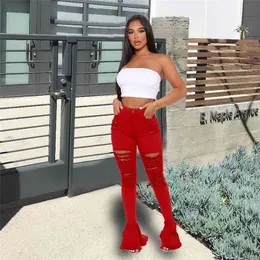 Tsuretobe Ripped Jeans For Women High Waist Flare Ruffles Patchwork Sexy Bell Bottoms Pants Vintage Red 210809