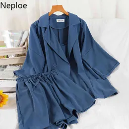 Neploe Summer Suit Office Ladies 3 Pieces Sets Temperament Fashion Loose Jacket Sling Vest Wide Leg Short Pants Women Outfits 210422