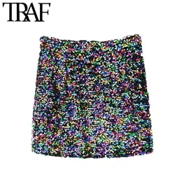 Women Sexy Fashion Shiny Color Sequin Mini Skirt Vintage High Waist Side Zipper Female Skirts Mujer 210507