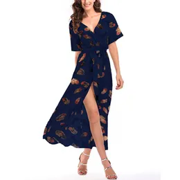 Vestidos de Playa 2021 Vestido Mujer Sexig kvinnors sommar V-ringning Feather Print Beach Dress Split Playero Sarongs