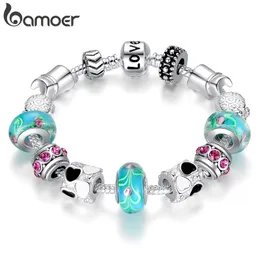 Bamoer Silver Plated Charm Armband Bangle för Kvinnor Med Murano Beads Fashion Love DIY Smycken PA1019