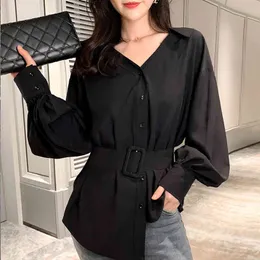Blusas Mujer De Moda V-neck Black Chiffon Blouse Shirt Clothes Elegant Belt Blouse Women Tops Long Sleeve Blouse Women C906 210426