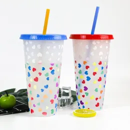 Kreativ kärlek Färgbyte Cup 710ml PP Dryck Kall Blå Plast Vattenkopp Enkel Färg Byte Straw Cup T2i53001