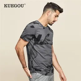 KUEGOU Cotton Man T-shirt Short Sleeve Print Fashion Tshirt For Men Slim Summer Tee Top Gray Plus Size ZT-390/ZT-380 210716