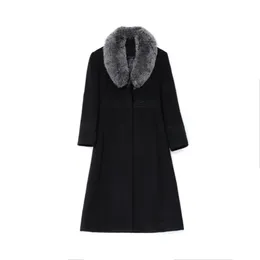 Wywan zima wełniany płaszcz kobiety czarna wełna talii futro kołnierz luźna moda kurtka 211018