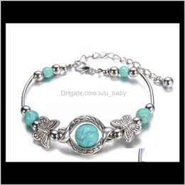 Collegamento, catena Drop Delivery 2021 Braccialetti tibetani in argento color turchese Braccialetti intarsiato Farfalla Perlina Nazione Bohemien Regolabile per le donne Fas