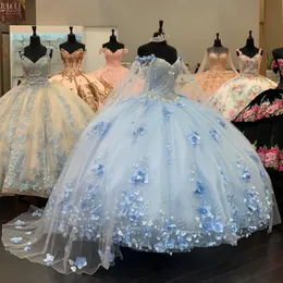 2021 Sexy Hellblaue Quinceanera-Kleider mit Blumen, Ballkleid, schulterfrei, Spitzenapplikationen, 3D-Blumenkristallperlen, lange Ärmel, süße 16-Party-Abschlussball-Abendkleider