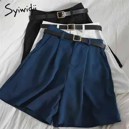 Syiwidii ​​knäppas upp kvinnors höga midja shorts sashes zipper casual solid svart blå sommar koreanska mode kontor damer 210719