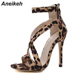 Aneikeh 2022新しい女性ファッションセクシーな茶色のヒョウの魚の口コミがクロスストラップハイヒールサンダルポンプG220228