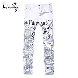 Hmily high street mode mens jeans nattklubb vit färg personlig designer tryckt jeans män punk byxor mager hip hop jeans x0621