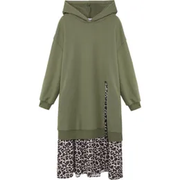 Women Army Green Black Hooded Sweater Dress Leopard Patchwork Long Sleeve A-line Midi Spring Autumn D2389 210514