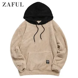 Zaful vinter colorblock splicing faux päls fluffy hoodies män långärmad pullover kvinnor sweatshirt dragsko toppar casual hoodie y0809