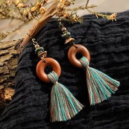 Bohemian Fringe Tassel Dangle Örhängen för Kvinnor Etnisk Grön Gul Färg Drop Earing Geometric Wood Wooden Earring Smycken