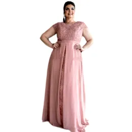 2021 Plus Storlek Dammig Rosa En Linje Prom Klänningar Kvinnor V-Neck Long Chiffon Lace Formal Evening Party Klänningar Golvlängd Mor Special Occasion Dress