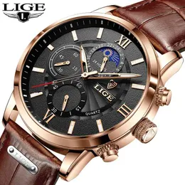 LIGE Watches Mens Top Brand Luxury Clock Casual Leathe 24Hour Moon Phase Men Watch Sport Waterproof Quartz Chronograph+Box 210517