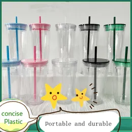 DIY 24oz 16oz Clear Plastic Tumblers Flat Lid Acrylic Water Bottles with Straw Double Walled Office Coffee Mugs Reusable 710ml 500ml Transparent PS Drinking Cups Min