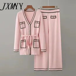 JXMYY Early Autumn Long-Sleeve Knit Suit Lace-Up Waist Mid-Length V-Neck Cardigan + Wide-Leg Pants Two-Piece Female 211007