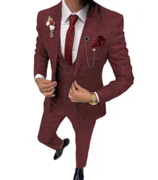 Mens Summer Suit 3 stycken Mens Royal Suits Plaid Slim Fit Wedding Suits Groom Tweed Wool Tuxedos för bröllop (Coat + Pants + Vest) x0608