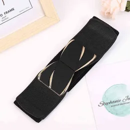 Moda coreana señoras decoradas cinturón ancho elástico hebilla vestido suéter negro mujeres cinturones para damas de alta calidad diseñador de lujo G220301