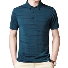 ブロワンファッションストライプメンズTシャツサマーチン通気性ターンダウンカラー男性ティー半袖ビジネスワークプラスサイズトップ210707