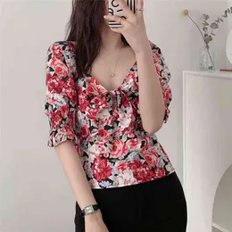 Mulheres verão vintage imprimir blusas blusas camisas de manga curta gravata laço elástico busto feminino elegante rua topo blusas 210513