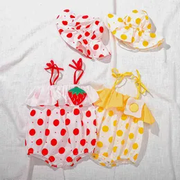 Baby rompers jordgubbe pocherade ägg print ärmlös jumpsuit hat födda barn kläder kropp kostym sommar spädbarn flickor outfits 210429
