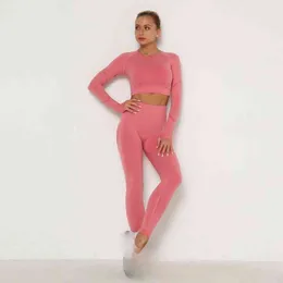 Sömlös Två Sport Set för Gym Kvinnor Långärmad Breathable Crop Tops + Leggings High Waist Pantalones Mujer Workout Kläder 210514