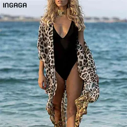 INGAGA Leopard Print Long Beach Dress Sexy Cardigan Beachwear Cover Up Half Sleeve Swimwear Women Belted Bathing Suit 210722
