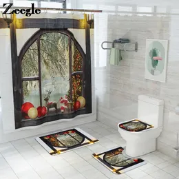 Tapetes de banho Europa tapete e cortina de chuveiro Conjunto de cortina de Natal Tapete de assento não deslizante Tapete absorvente de banheiro