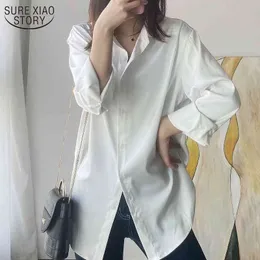 Jesienne luźne koszule damskie topy i bluzki Cardigan z długim rękawem Koszula Kobiety Plus Rozmiar Silky Przycisk Solid Casual Clothing 11003 210508