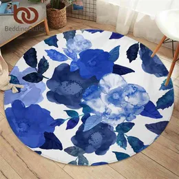 Beddingoutlet Blommor Sovrum Mattor Akvarell Konst Round Area Rug för vardagsrum Blad Golv Rug Blue Mat 150cm 210727
