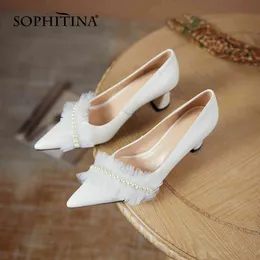 SOPHITINA Pumps Woman Shallow Pointed Toe Genuien Leather Ruffles Pearl Sweet Style High Metal Heel Shoes PB03 210513