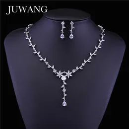 JUWANG Brand Clear Flower Crystal Jewelry Set for Woman Cubic Zirconia Women Jewelry Sets Earring Necklace Set Dress Accessories H1022