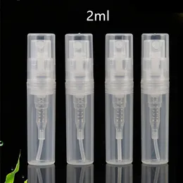 100 pçs / lote 2 ml pequeno pulverizador de plástico frasco fino névoa perfume amostras amostras de amostras limpar atomizador bomba