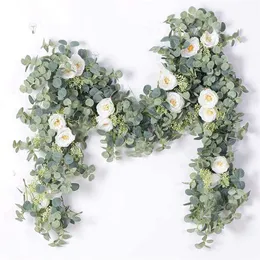 6.2フィートの人工植物の花白いバラの花輪のウェディングバラの緑の葉のための葉の葉211104