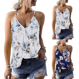 Women's Tops T-Shirts Fashion Blouses V-Neck Floral Print Summer Sleeveless Casual Tank Women Applique T-Shirt
