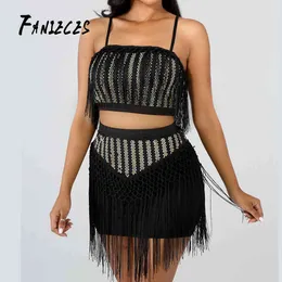 Tassel Strapless Fashion Summer Women Sexy Club Two Pieces Set Top och Mini Skirt Elegant Mini Party Stage Performa Wear 210520